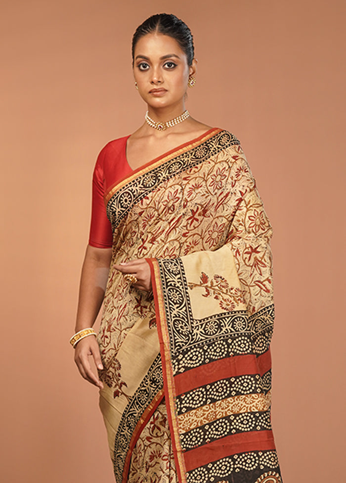 Cream Chanderi Silk Saree With Blouse Piece