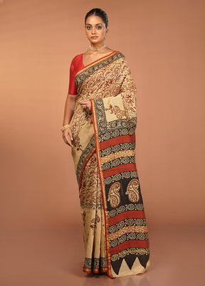 Cream Chanderi Silk Saree With Blouse Piece