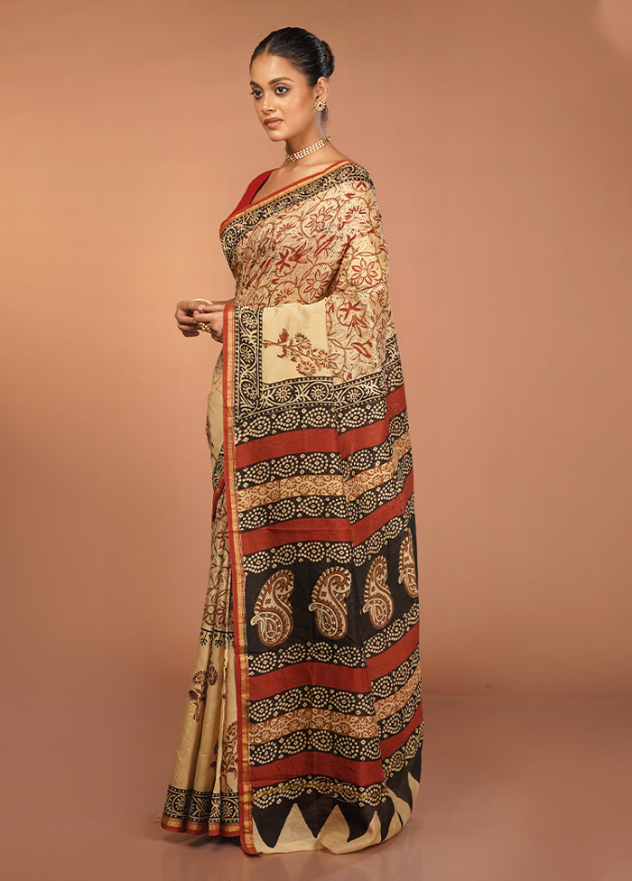 Cream Chanderi Silk Saree With Blouse Piece