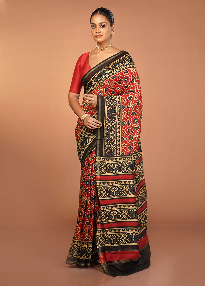 Red Chanderi Cotton Saree With Blouse Piece