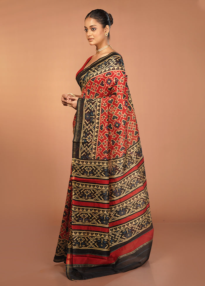 Red Chanderi Cotton Saree With Blouse Piece