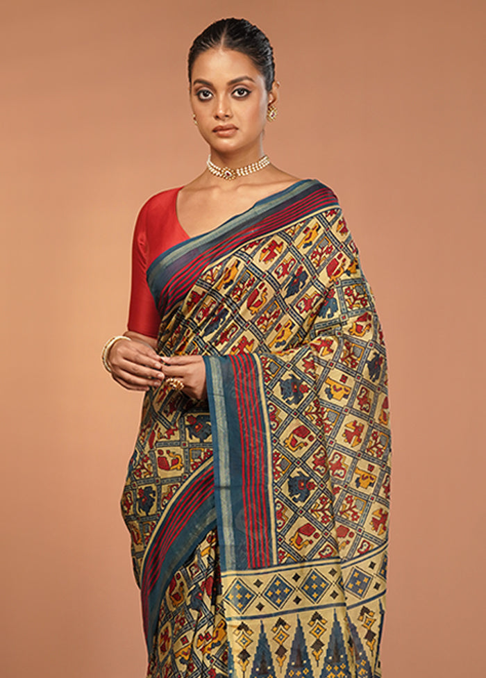 Cream Chanderi Cotton Saree With Blouse Piece