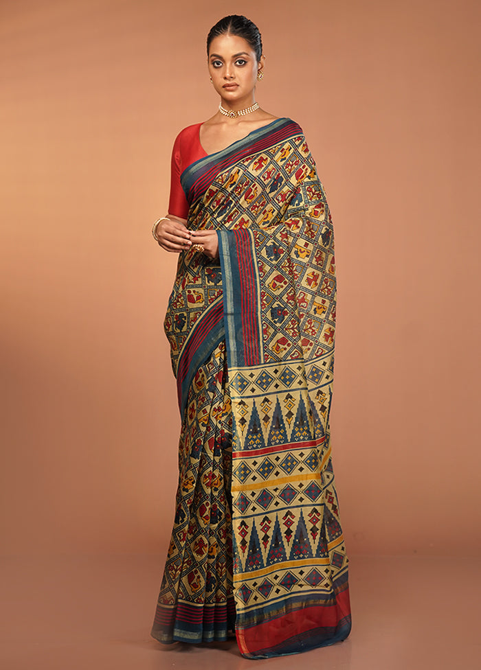 Cream Chanderi Cotton Saree With Blouse Piece