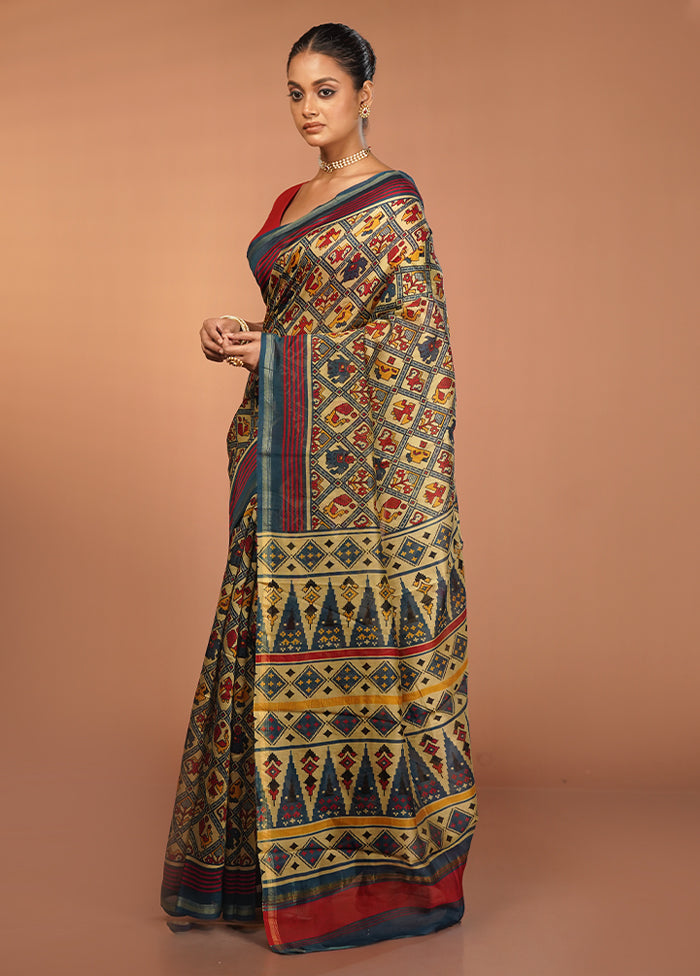 Cream Chanderi Cotton Saree With Blouse Piece