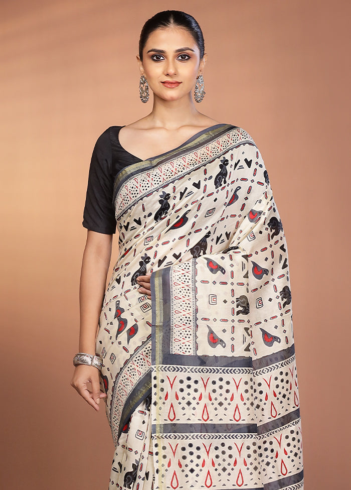 Cream Chanderi Silk Saree With Blouse Piece