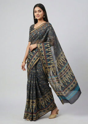 Black Chanderi Silk Saree With Blouse Piece