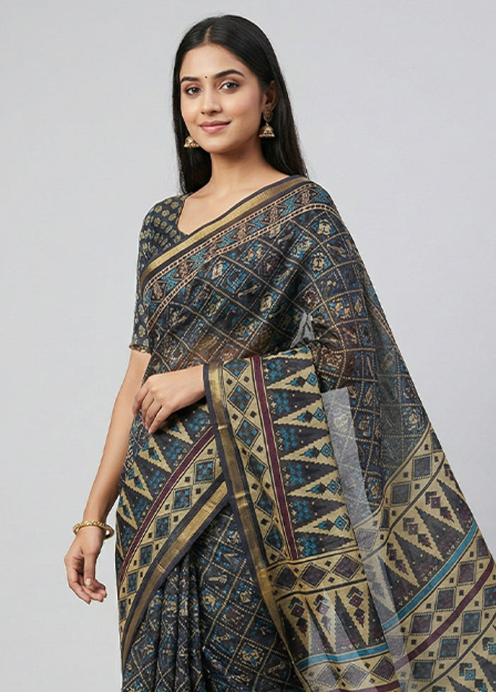 Black Chanderi Silk Saree With Blouse Piece