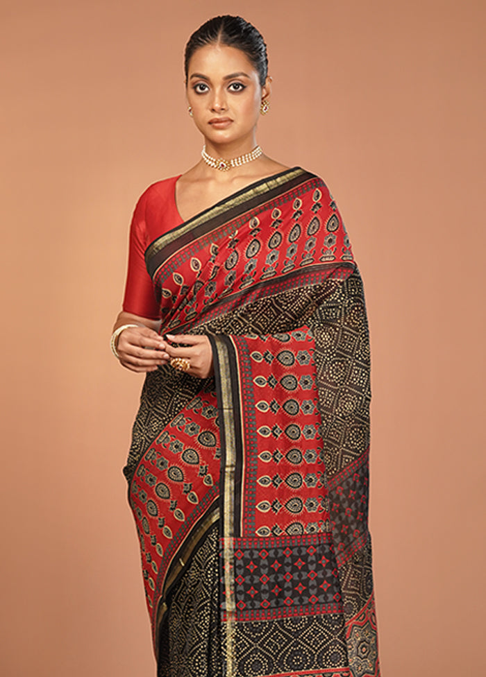Black Chanderi Cotton Saree With Blouse Piece