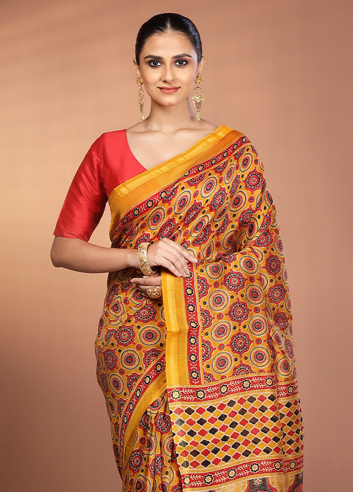 Yellow Chanderi Cotton Saree With Blouse Piece