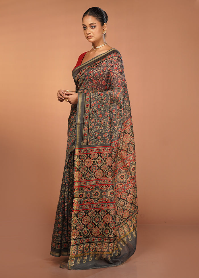 Grey Chanderi Cotton Saree With Blouse Piece