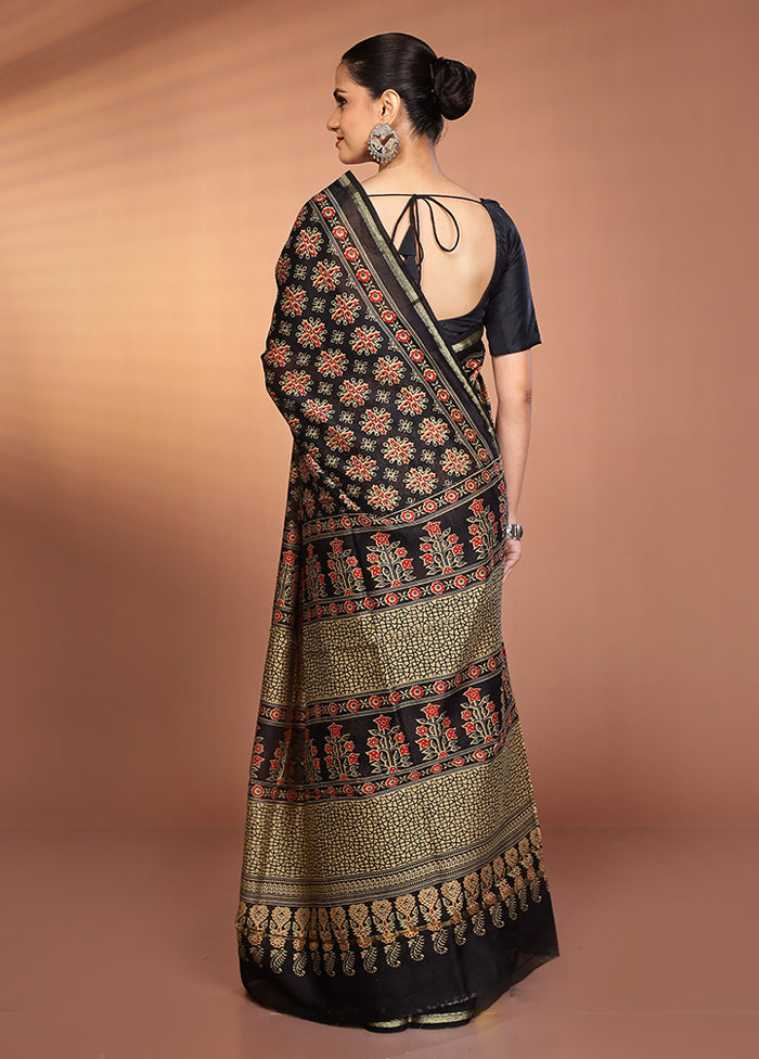 Black Chanderi Silk Saree With Blouse Piece