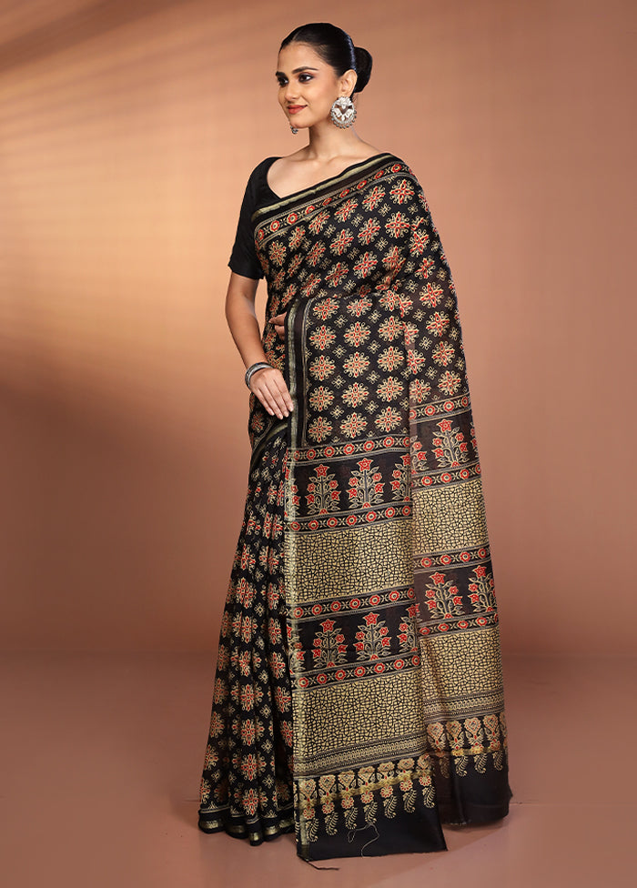 Black Chanderi Silk Saree With Blouse Piece