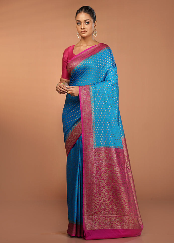 Blue Dupion Silk Saree With Blouse Piece