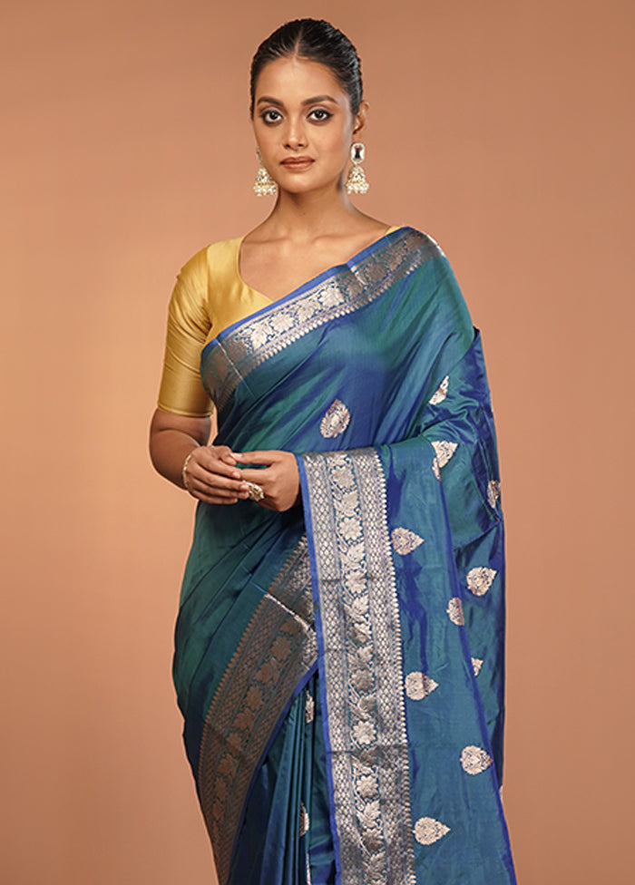Blue Handloom Katan Pure Silk Saree With Blouse Piece