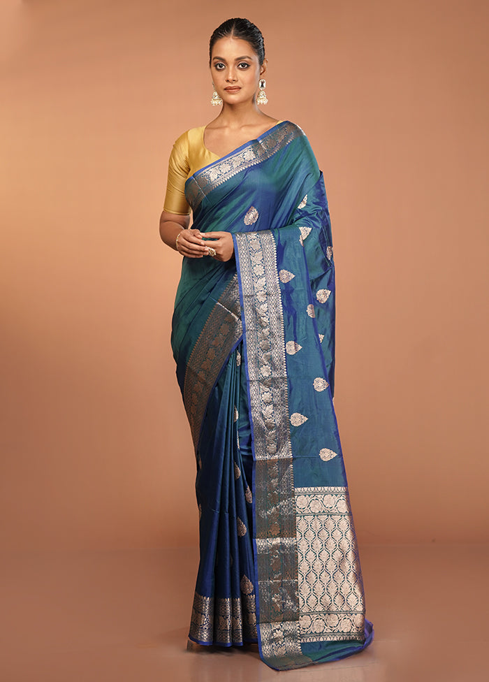 Blue Handloom Katan Pure Silk Saree With Blouse Piece
