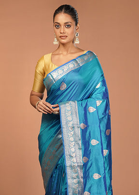 Blue Handloom Katan Pure Silk Saree With Blouse Piece