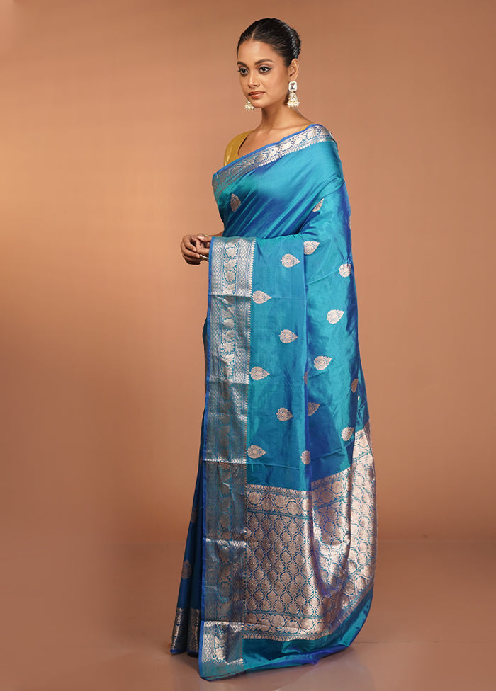 Blue Handloom Katan Pure Silk Saree With Blouse Piece