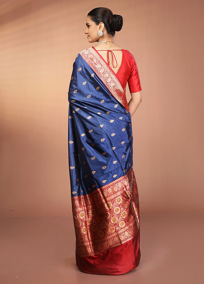Blue Handloom Katan Pure Silk Saree With Blouse Piece