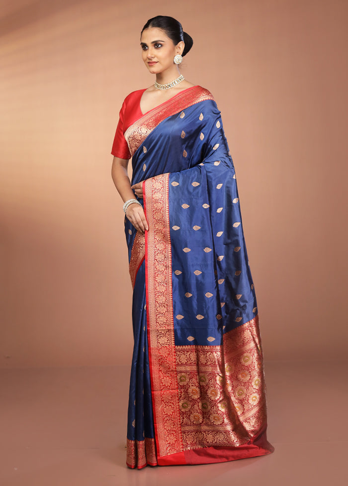 Blue Handloom Katan Pure Silk Saree With Blouse Piece