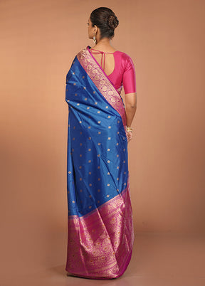 Blue Handloom Katan Pure Silk Saree With Blouse Piece