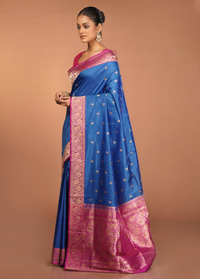 Blue Handloom Katan Pure Silk Saree With Blouse Piece