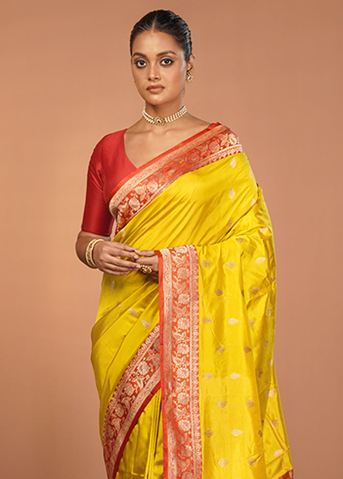 Yellow Handloom Katan Pure Silk Saree With Blouse Piece