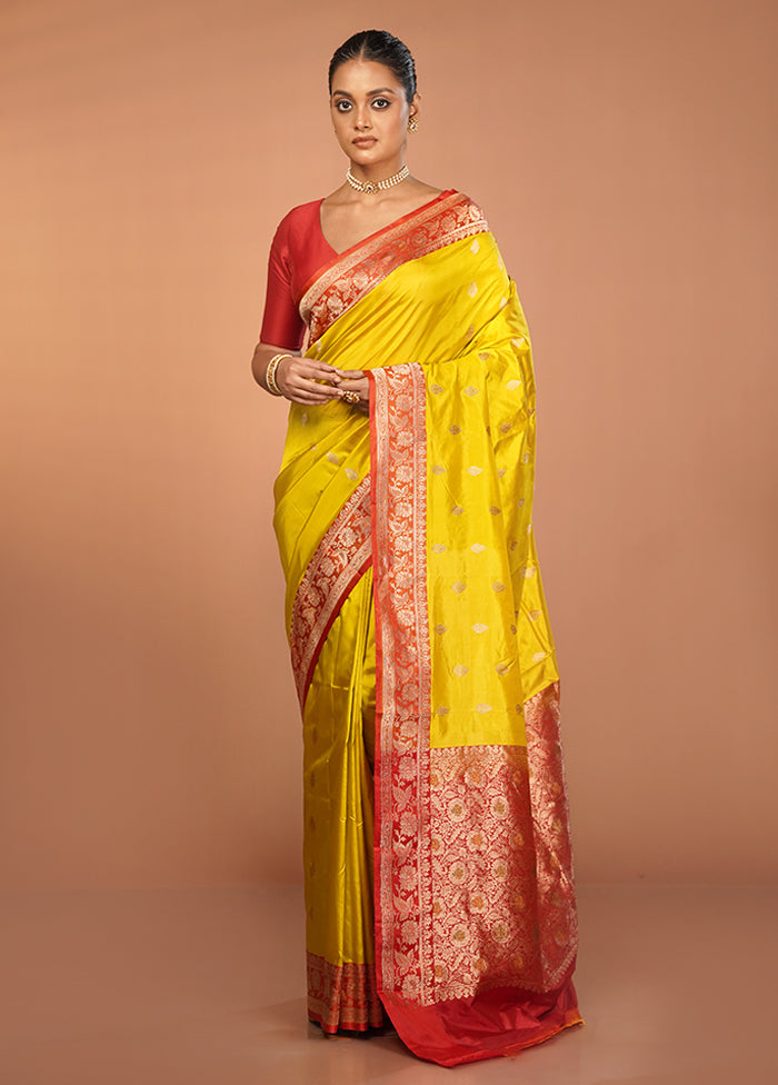 Yellow Handloom Katan Pure Silk Saree With Blouse Piece