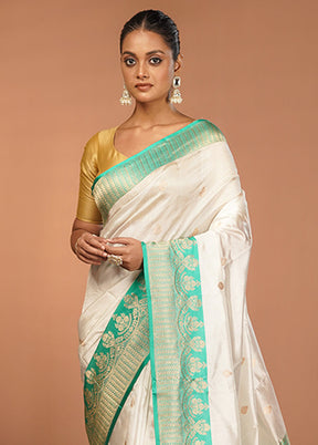 White Handloom Katan Pure Silk Saree With Blouse Piece
