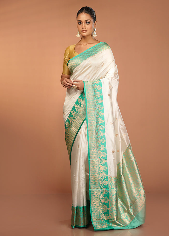 White Handloom Katan Pure Silk Saree With Blouse Piece