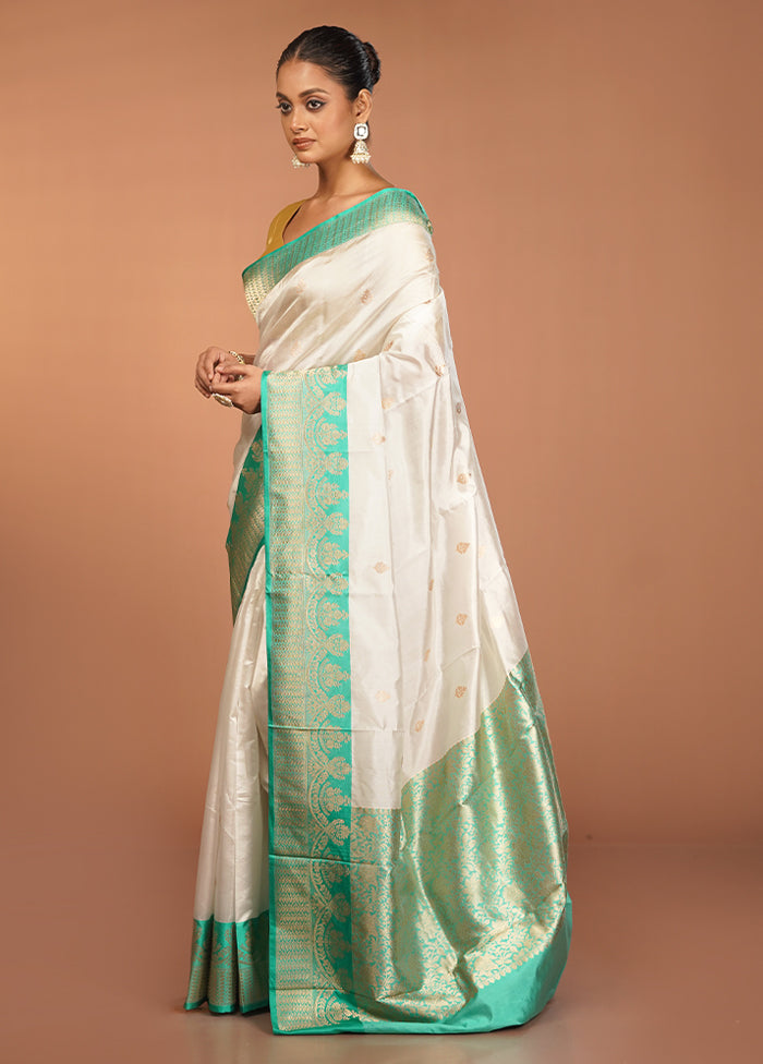 White Handloom Katan Pure Silk Saree With Blouse Piece