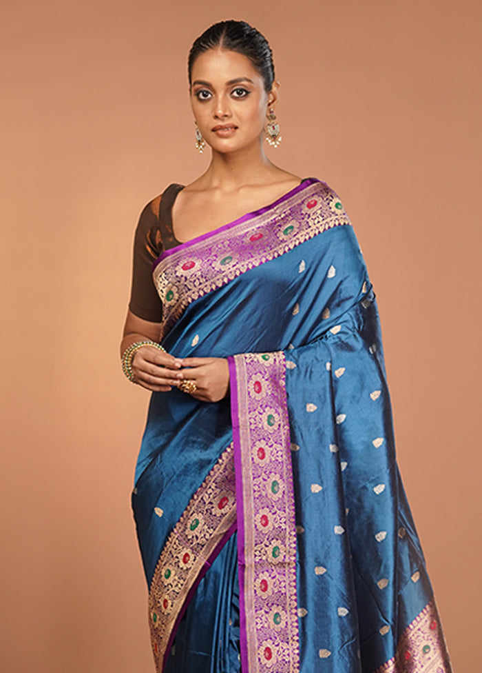 Blue Handloom Katan Pure Silk Saree With Blouse Piece