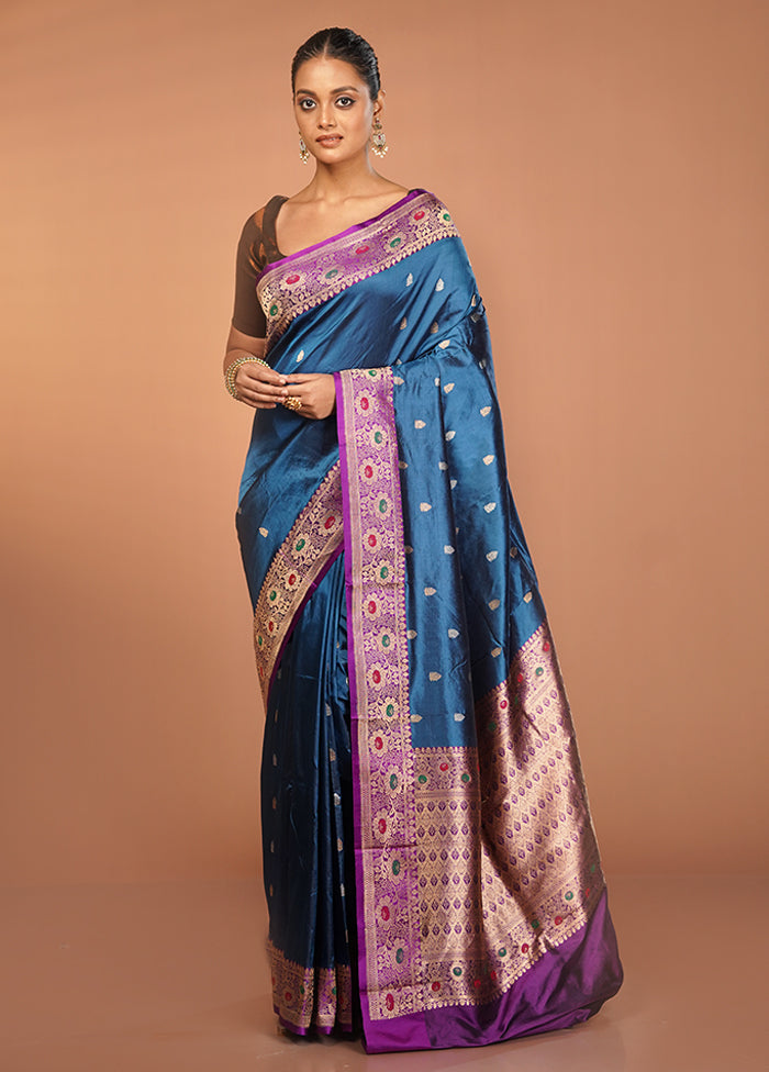 Blue Handloom Katan Pure Silk Saree With Blouse Piece