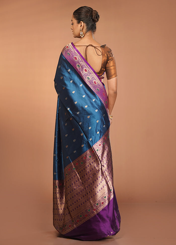 Blue Handloom Katan Pure Silk Saree With Blouse Piece
