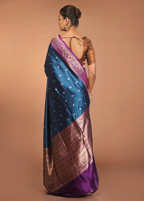 Blue Handloom Katan Pure Silk Saree With Blouse Piece