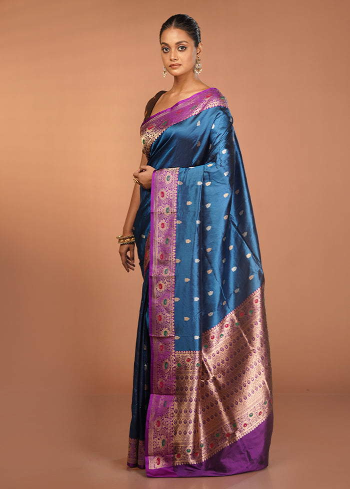 Blue Handloom Katan Pure Silk Saree With Blouse Piece
