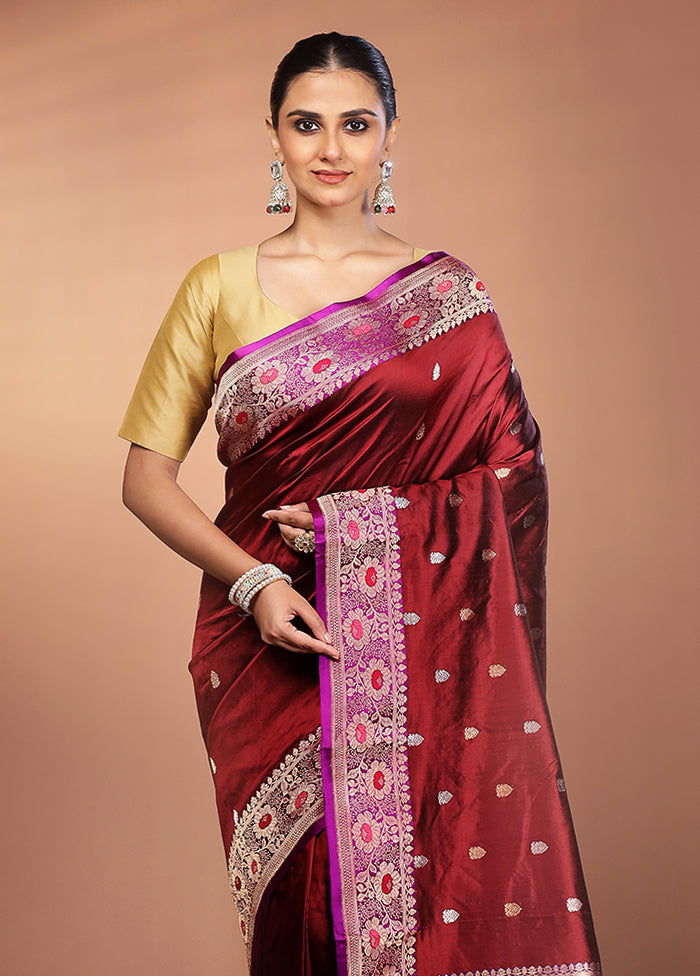 Maroon Handloom Katan Pure Silk Saree With Blouse Piece
