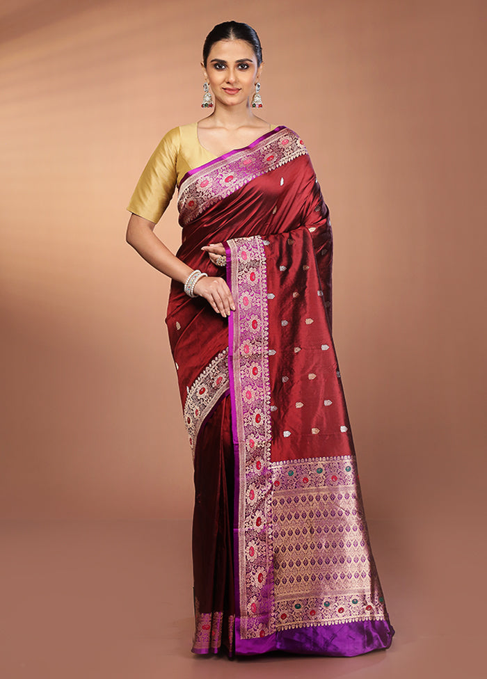 Maroon Handloom Katan Pure Silk Saree With Blouse Piece