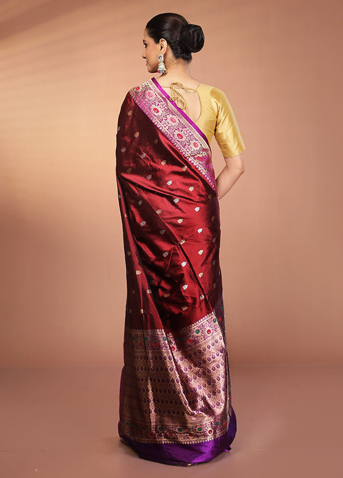 Maroon Handloom Katan Pure Silk Saree With Blouse Piece