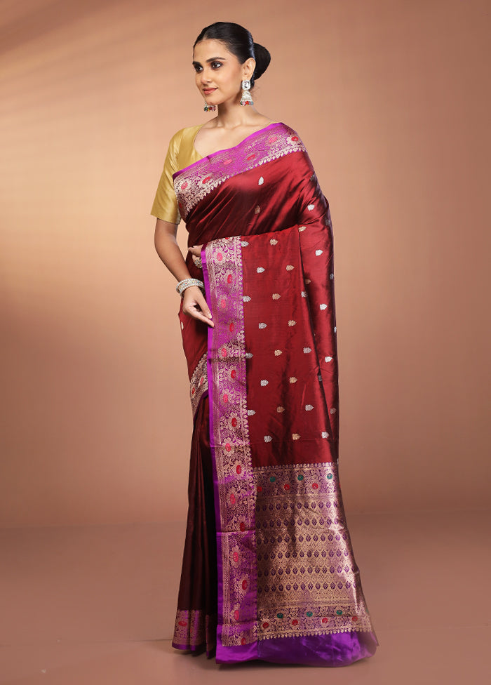 Maroon Handloom Katan Pure Silk Saree With Blouse Piece