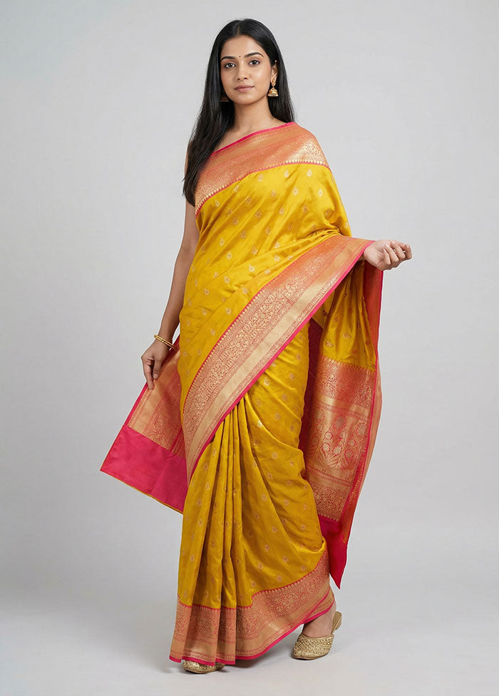 Yellow Handloom Katan Pure Silk Saree With Blouse Piece