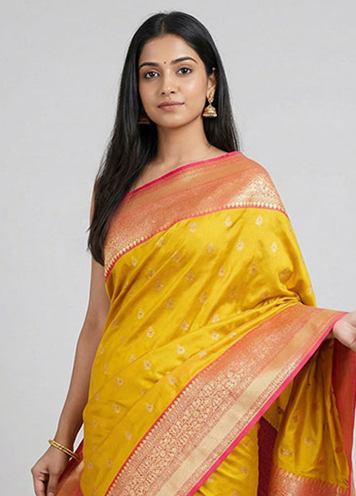 Yellow Handloom Katan Pure Silk Saree With Blouse Piece