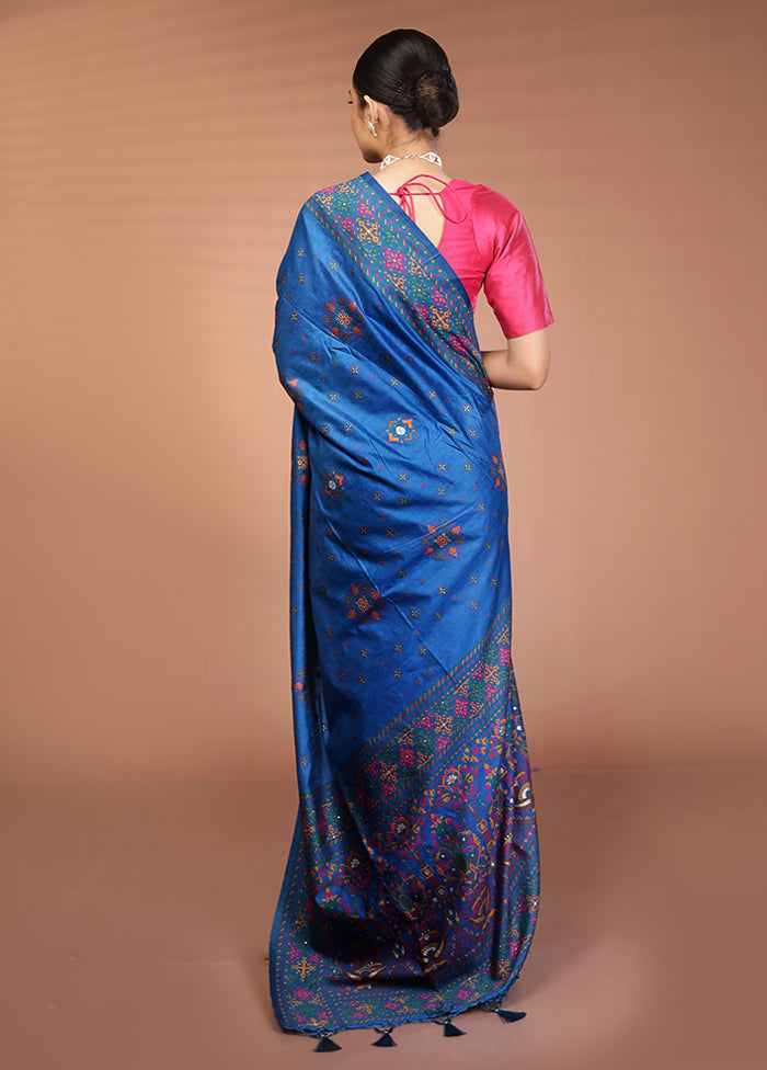 Blue Dupion Silk Saree With Blouse Piece