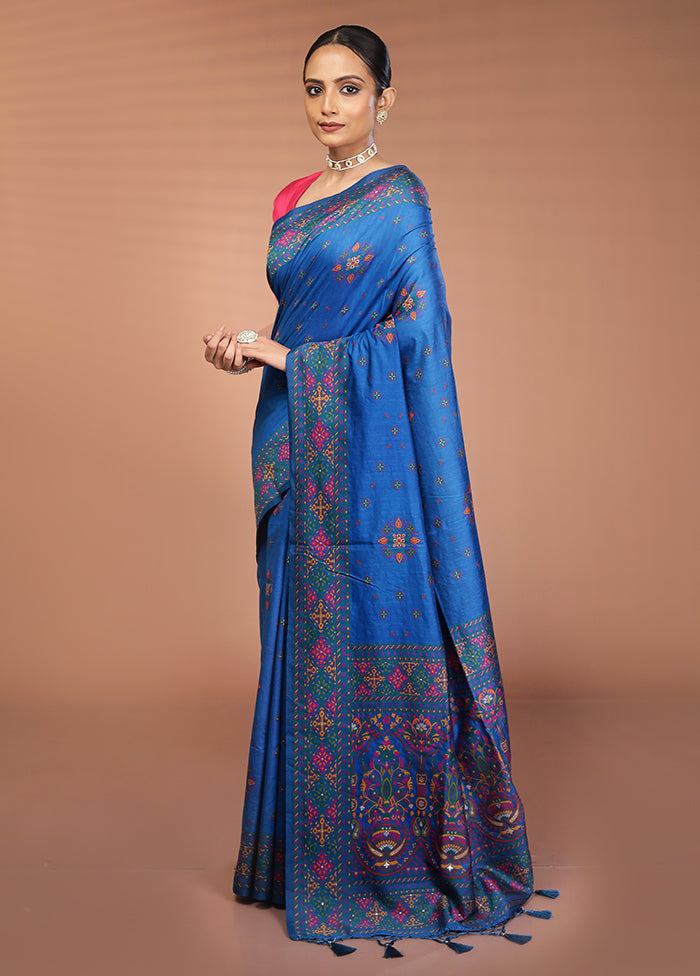 Blue Dupion Silk Saree With Blouse Piece