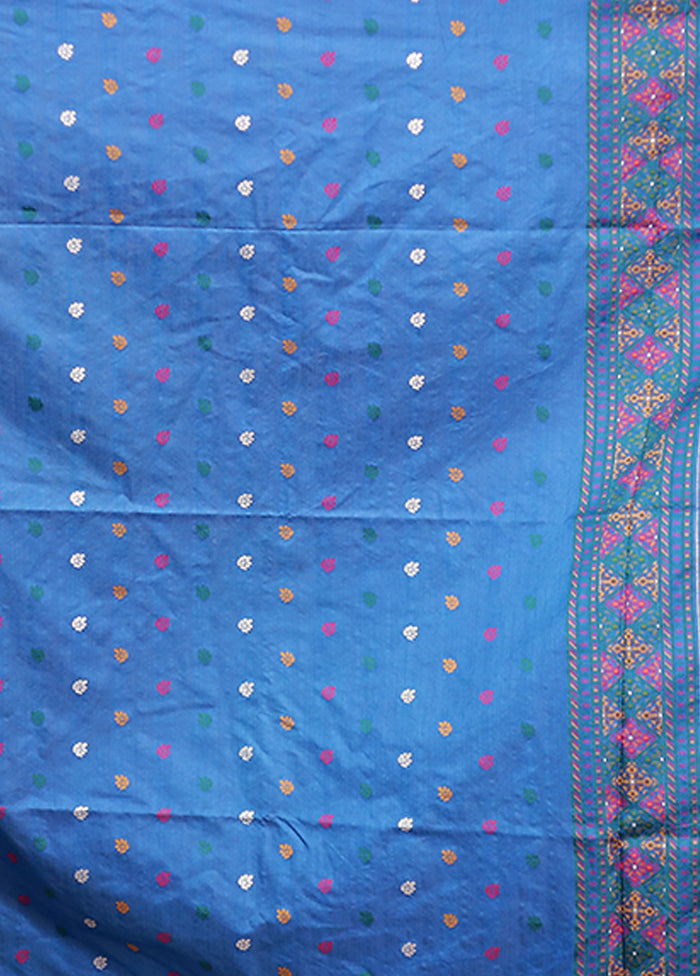 Blue Dupion Silk Saree With Blouse Piece