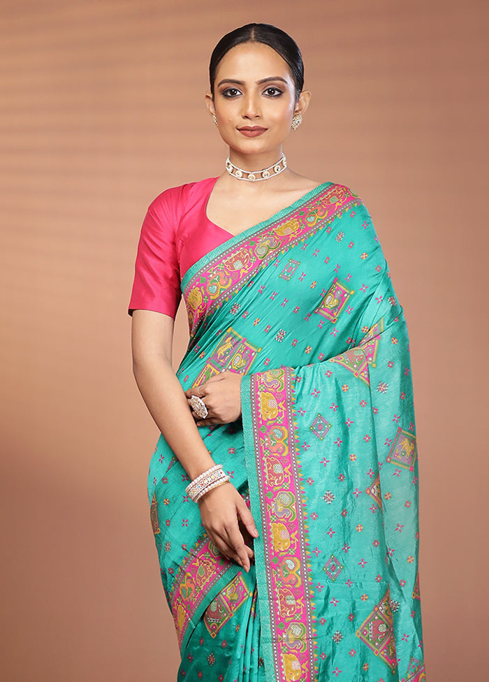 Green Dupion Silk Saree With Blouse Piece