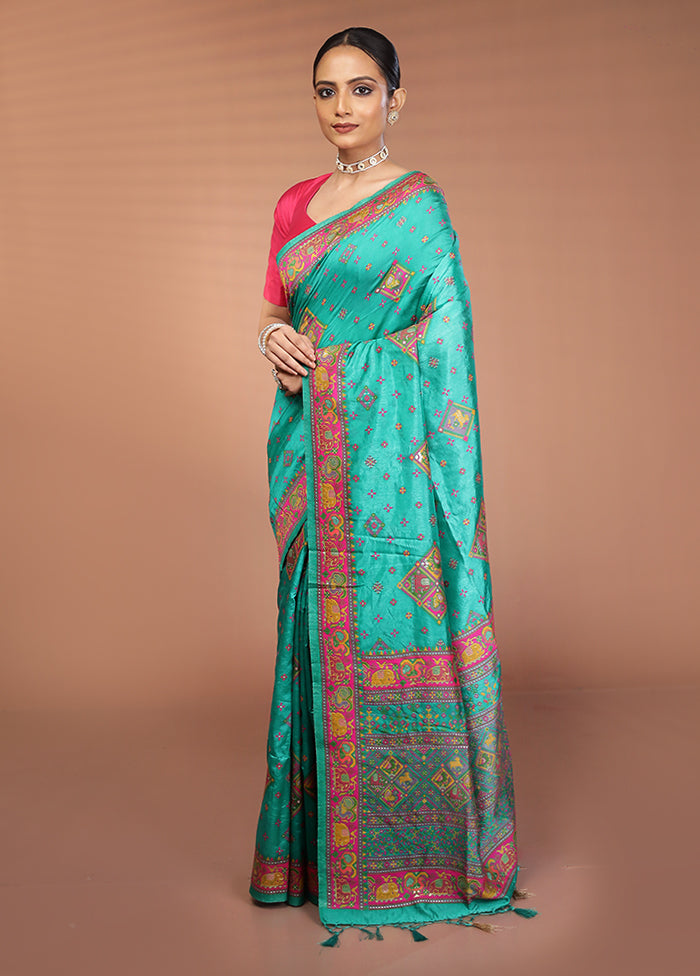 Green Dupion Silk Saree With Blouse Piece