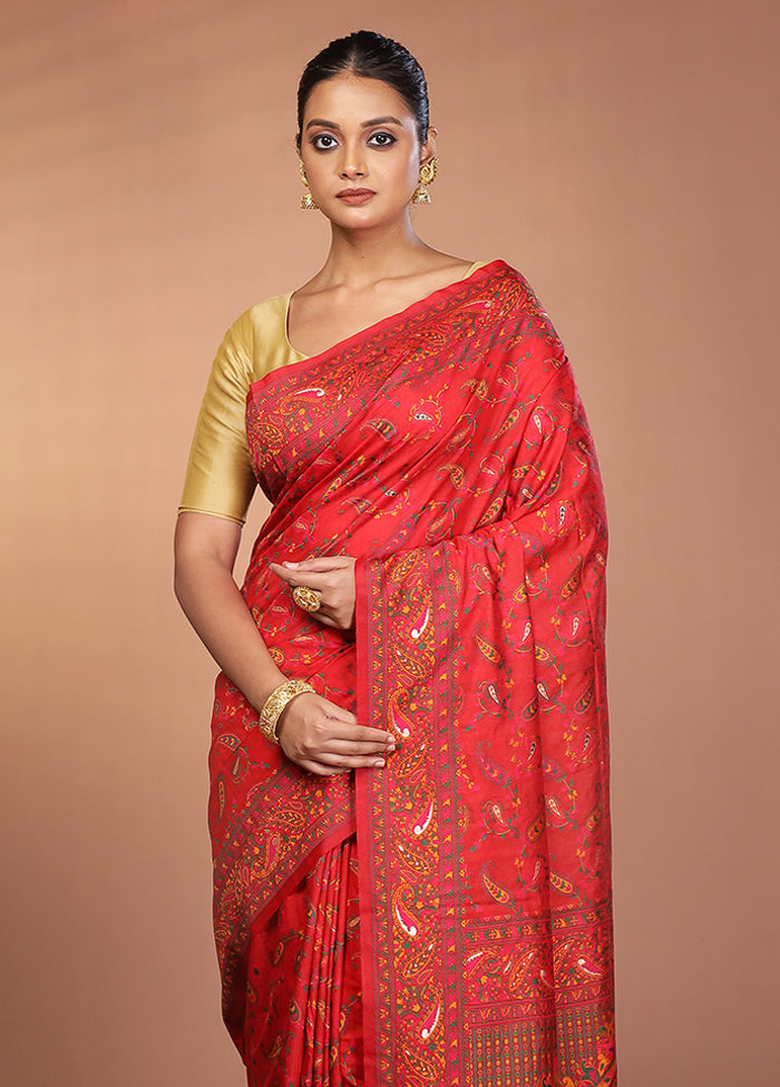 Red Dupion Silk Saree With Blouse Piece