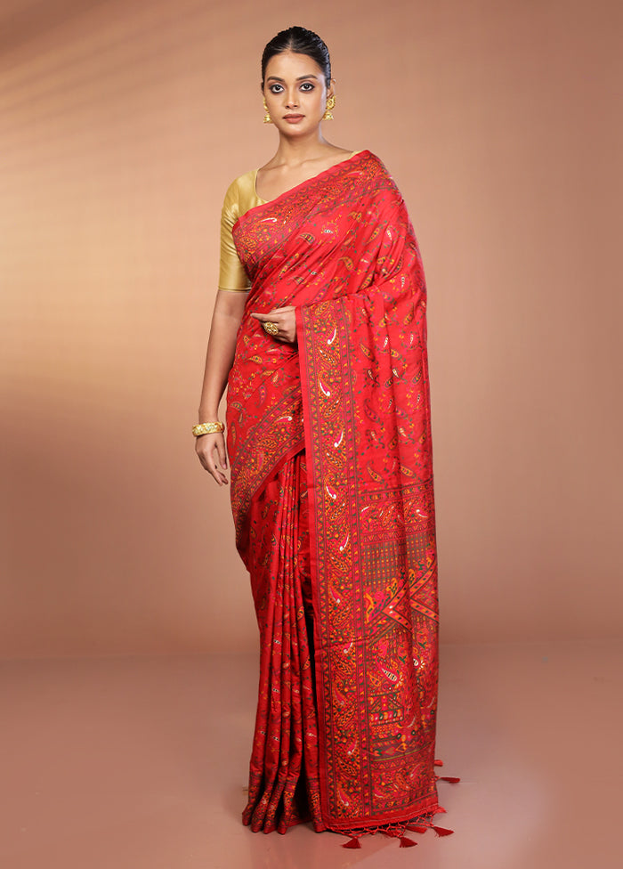 Red Dupion Silk Saree With Blouse Piece