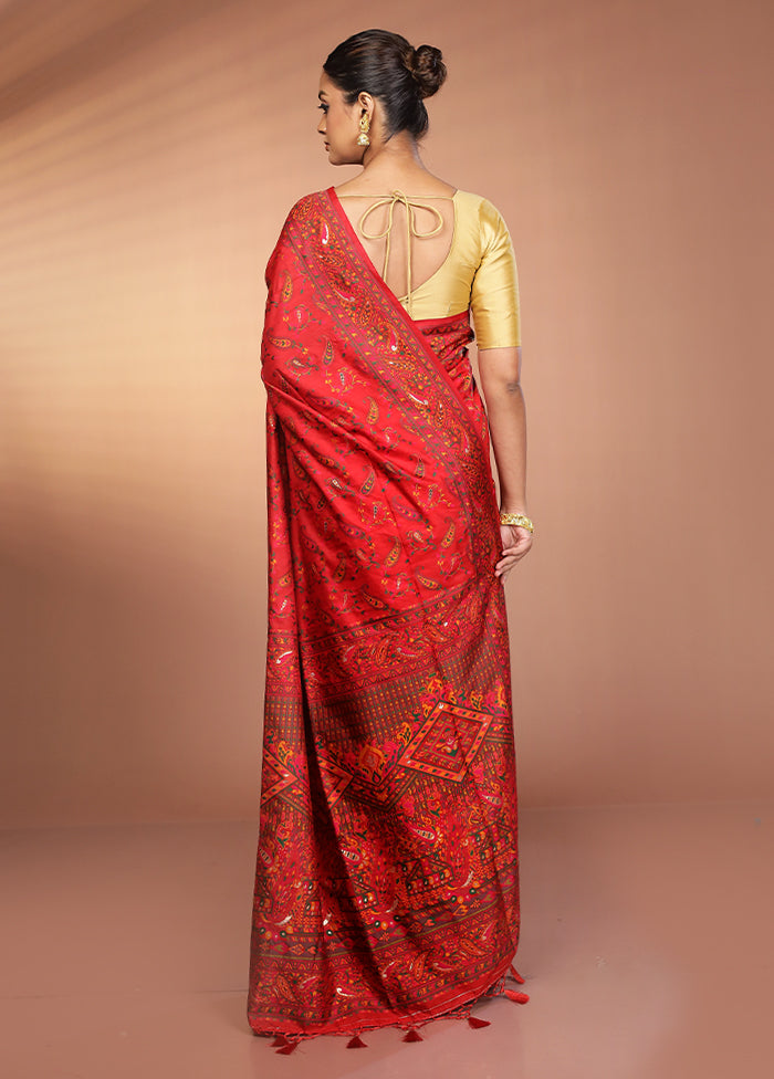 Red Dupion Silk Saree With Blouse Piece
