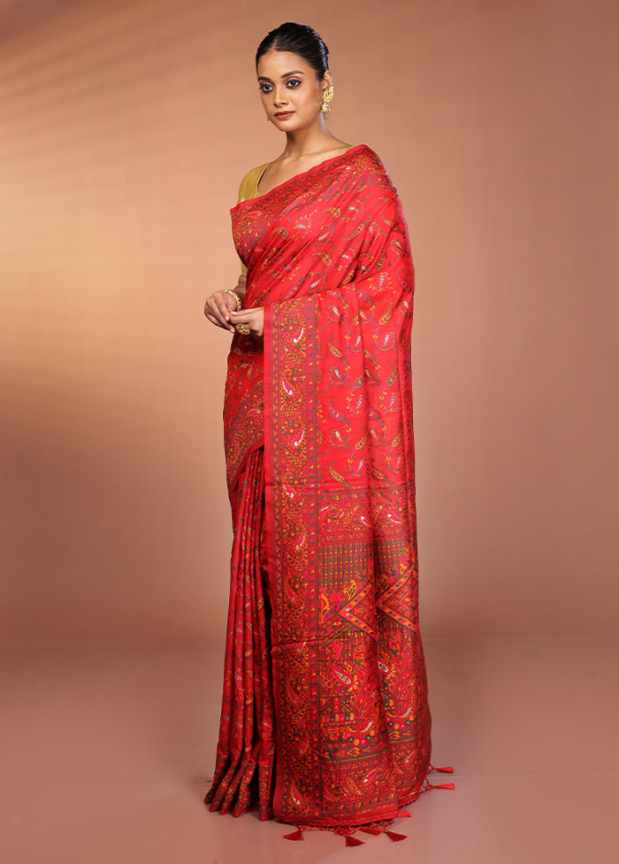 Red Dupion Silk Saree With Blouse Piece